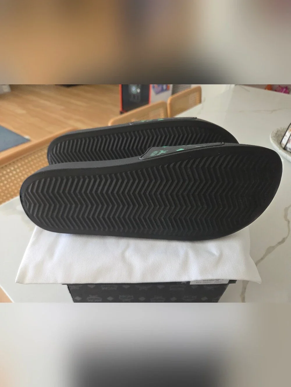 MCM Black Slide Sandals with Green Logo Print